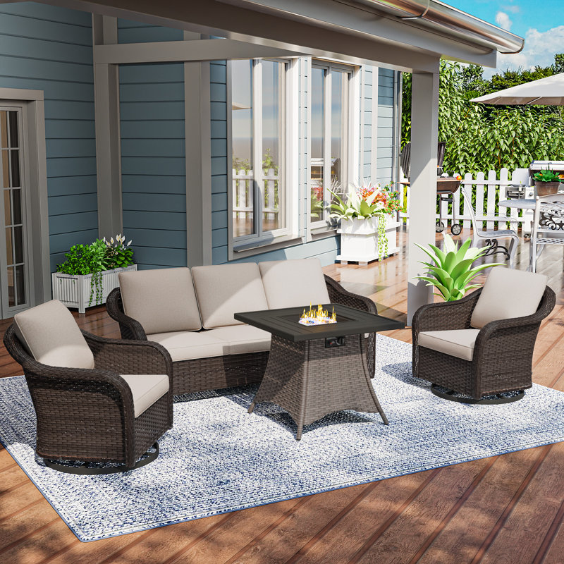 Ensemble de conversation d'extérieur en osier pour patio avec table de foyer optionnelle, Beige