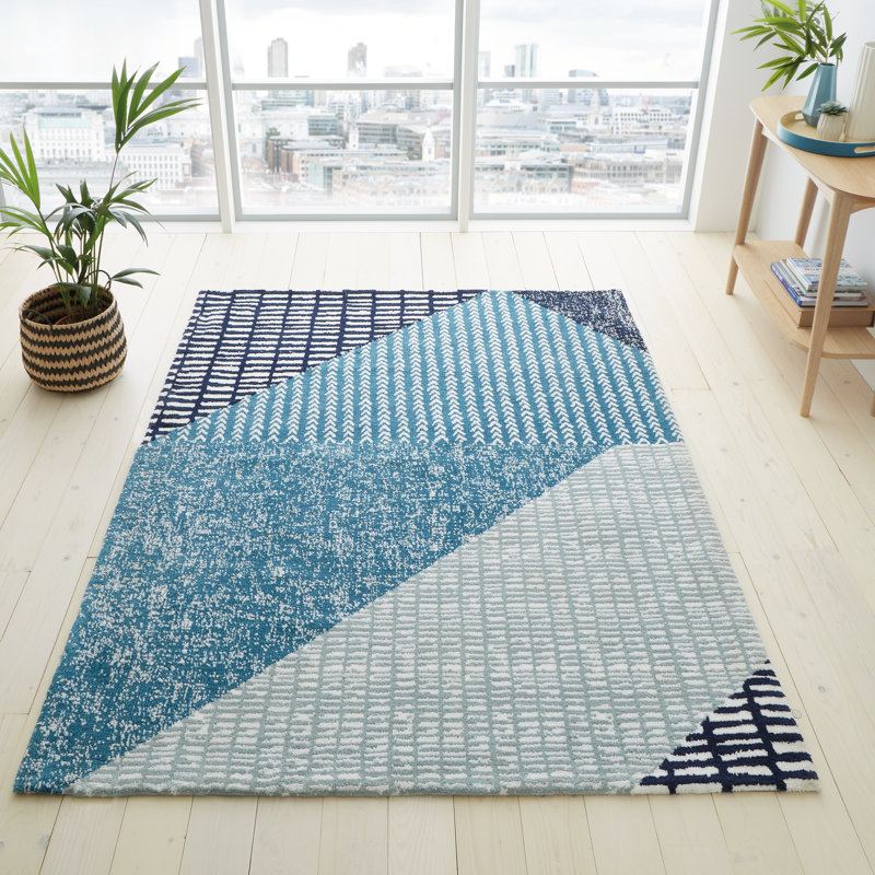 Larsson Geo Machine Woven Teal/Grey Rug, Rectangle 80 x 150cm