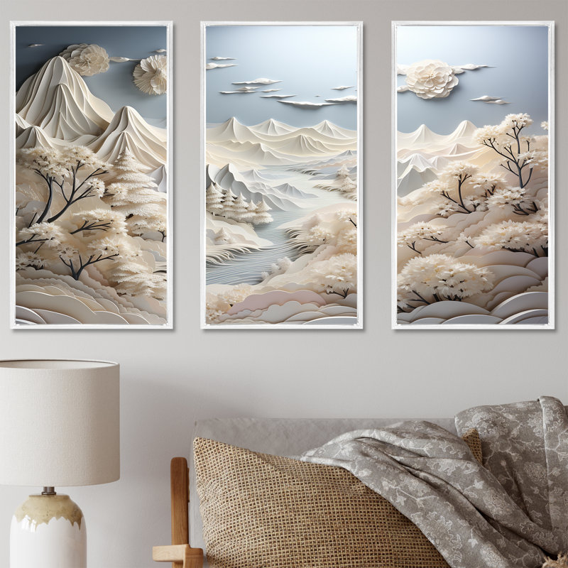 Abstrait Snowy Winter Mountains II - Paysage abstrait, art mural, Cadre flottant blanc, H 32 po x l 48 po x P 1 po