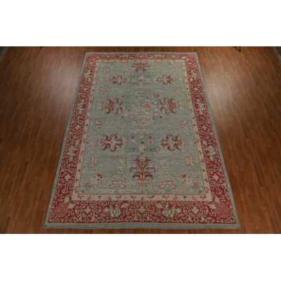 Tapis vert en laine noué à la main de conception unique 9 pi 10 po x 14 pi 4 po New Age