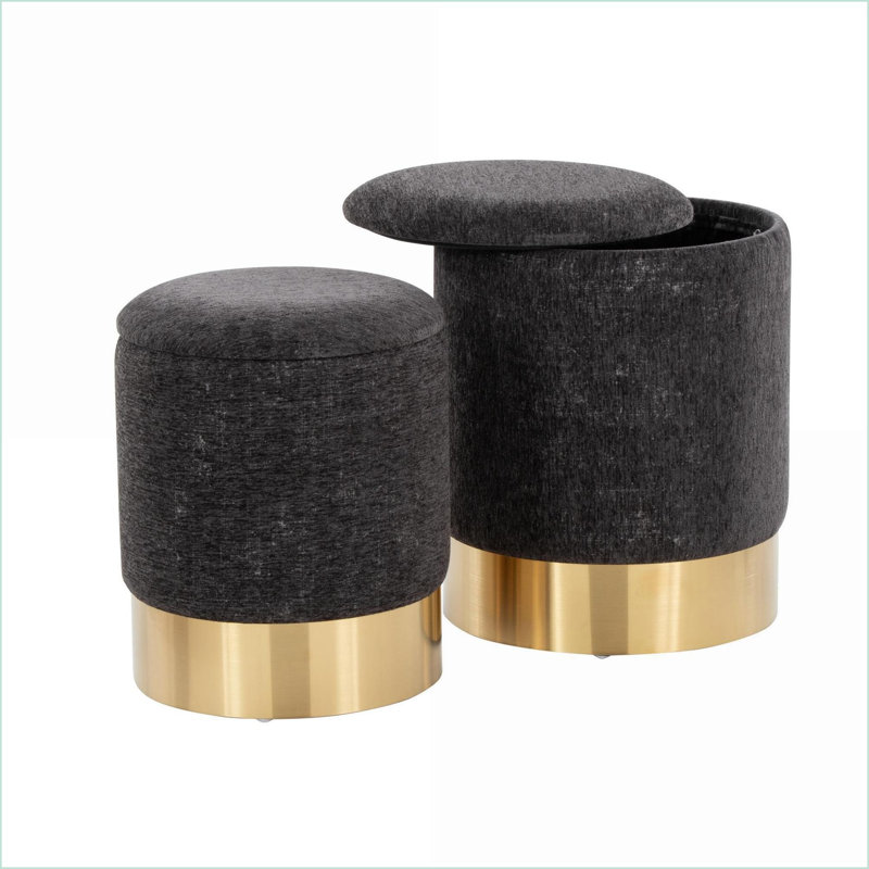 Ottomans, Marla Contemporary Nesting Set with Plush Black Fabric &amp; Gold Metal Base by LumiSource | Gold | Metal, Black