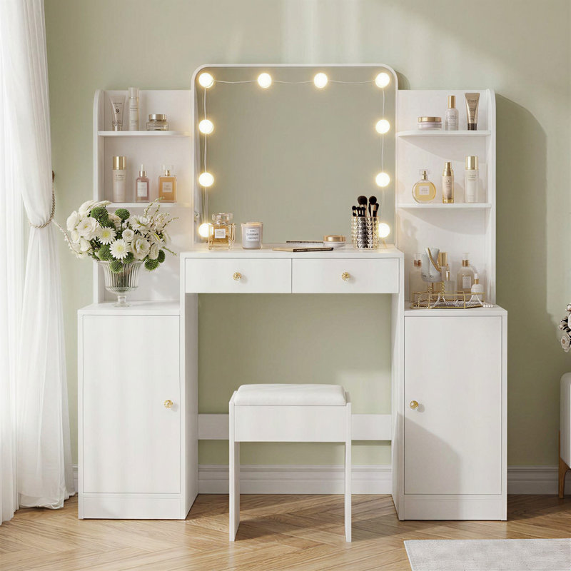 Grand meuble-lavabo avec miroir lumineux à DEL, prise de courant et tabouret, White