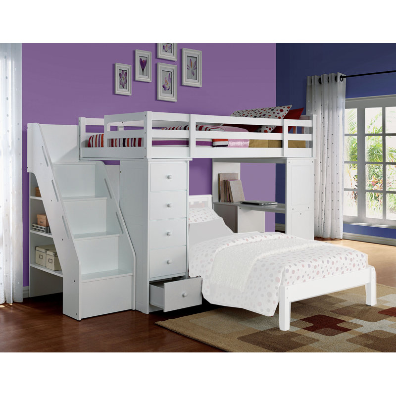 White Twin Loft Bed with Bookcase and Storage Drawers