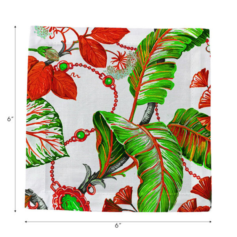 Plumeria Natural Hemstitch Cocktail 6" Linen/Cotton Napkin, Red