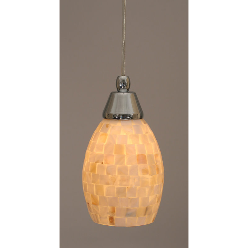 Cord Hung Mini Pendant Shown In Black Copper Finish With 10" Amber Crystal Glass, Chrome, 7" W, Seashell Glass