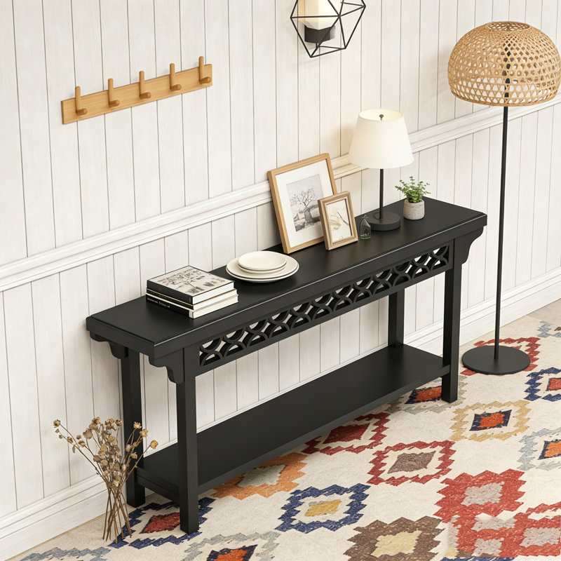 Farmhouse Narrow Wood Sofa Table with Storage, Black