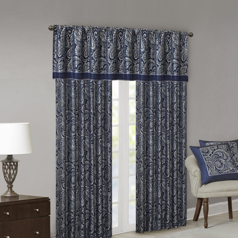 Navy Faux Silk Jacquard Rod Pocket Valance