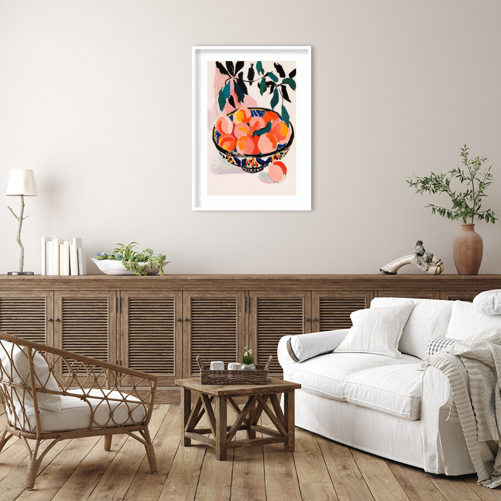 Ottilie "Fresh Peach Fruit Bowl" Print, White Framed, 41" H x 30" W