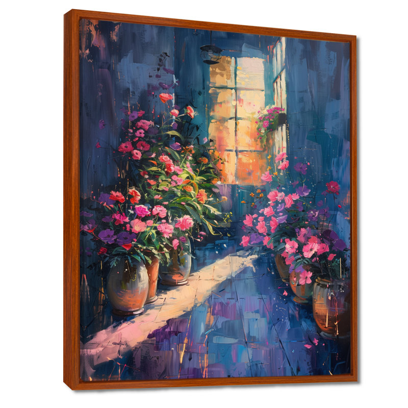«Pink Green Greenhouse Glamour», art mural de serre, Cadre flottant brun, bois massif, H 24 po x l 32 po