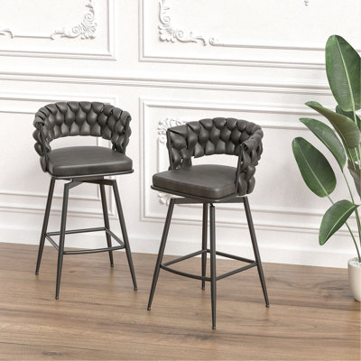 Ensemble de 2 tabourets de bar en cuir technique avec tabourets à pieds noirs sans îlot de cuisine réglable, 360 tabourets de bar pivotants avec repose-pieds