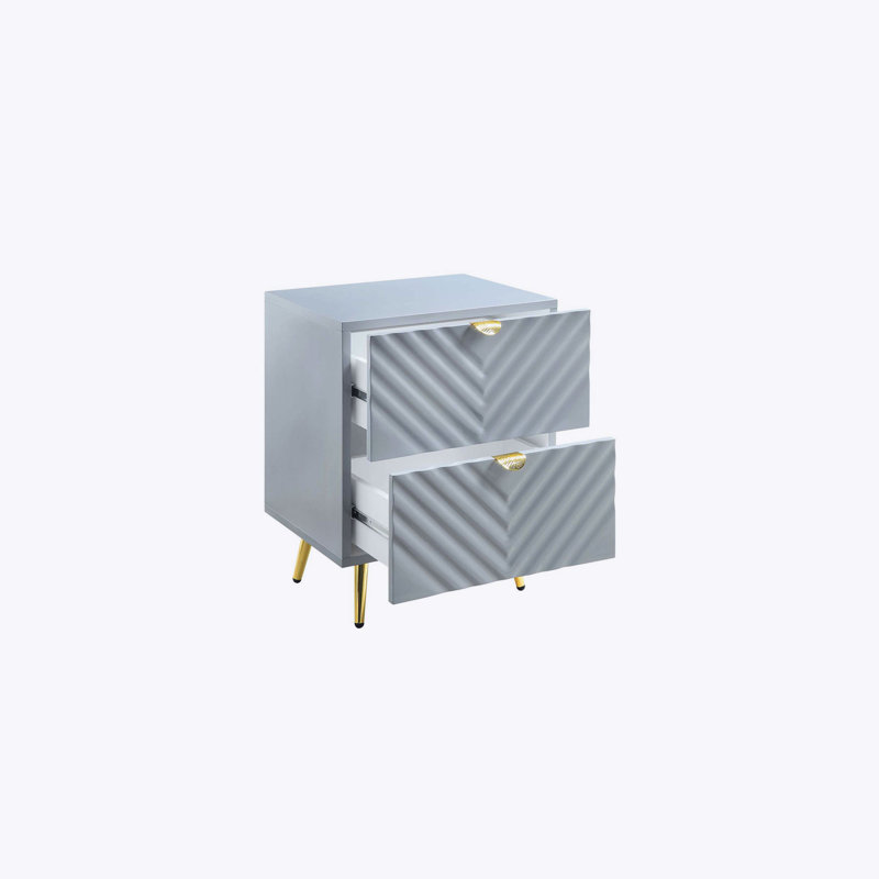 2 Drawers MDF Nightstand in Grey High Gloss Finish