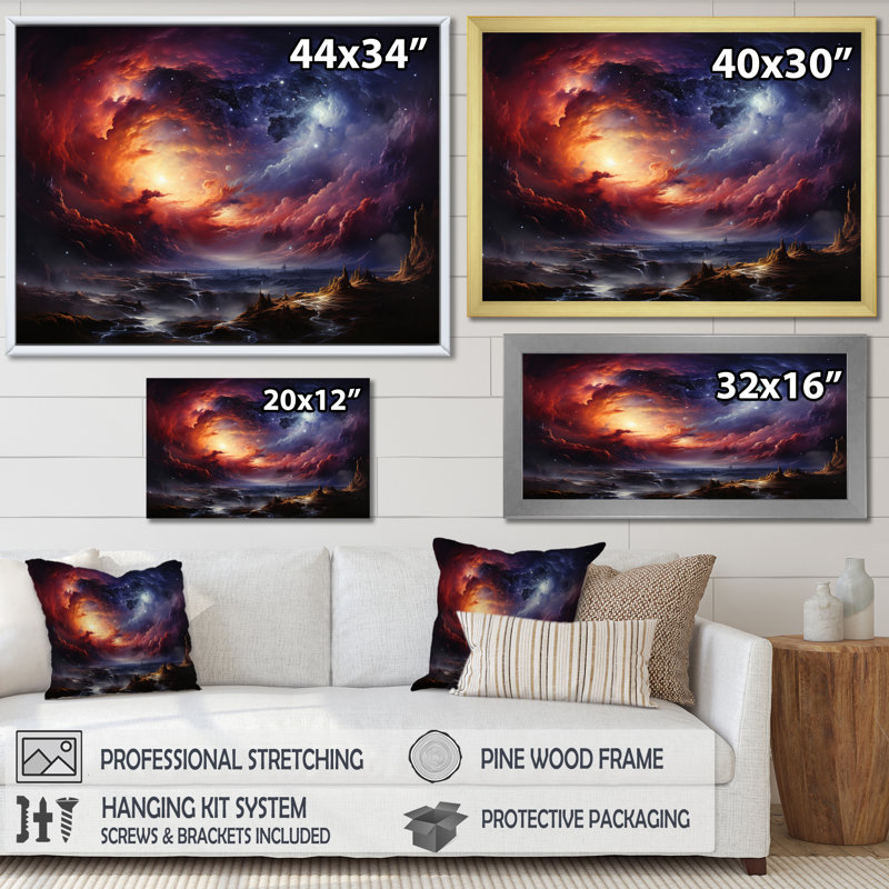 Rêves astronomiques oranges et mauves sur toile, Cadre flottant doré, H 12 po x l 20 po x P 1 po
