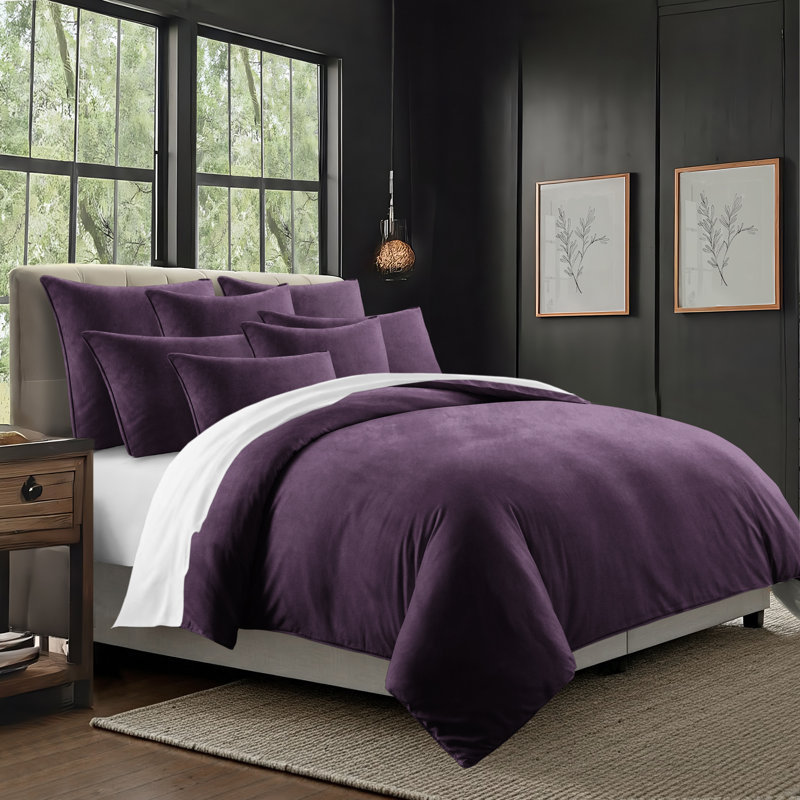 Cascade Velvet Solid Colour Duvet Cover Set 8 Piece, Purple, Twin Duvet Cover + 7 Additional Pieces