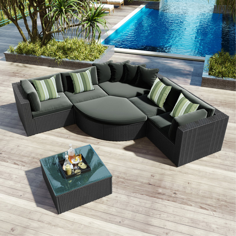 Ensemble de canapé d'extérieur en osier 7 pièces, canapé en rotin, avec coussins rayés verts, canapé pour conversation, pour patio, jardin, terrasse
