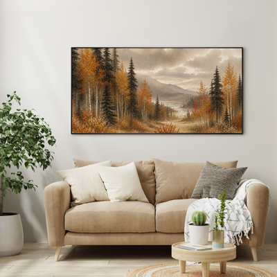 Très grand art mural imprimé sur toile - Paysage de forêt d'automne avec des arbres dorés, décor de scène naturelle pour le salon ou la chambre à coucher "Assemblage requis (cadre non fini)"