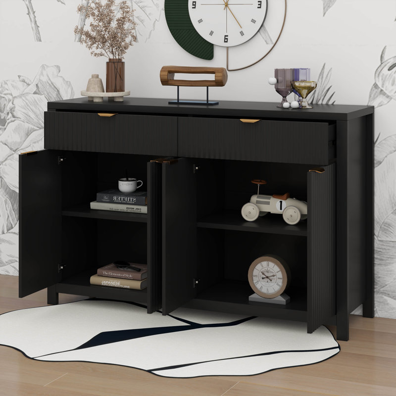 Modern Wave-Pattern Sideboard Cabinet With 2 Drawers And 4 Doors, 3-Level Adjustable Shelves, Black