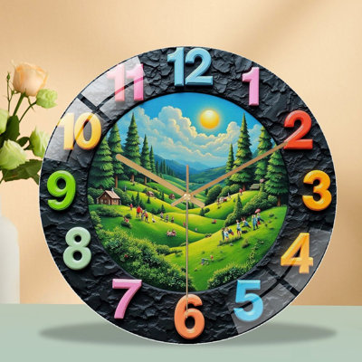 Vintage Landscape Wall Clock Home Decoration Art - 12'' Modern Glass Wall Clock