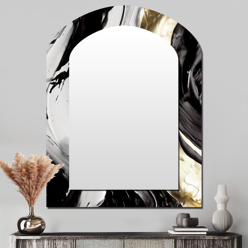 Exquisite Darling Gold Abstract Wave On Black IV - Abstract Painting Arch Unique Wall Mirror Decor, Gold Asymmetrical Large Mirror, Printed Metal Art