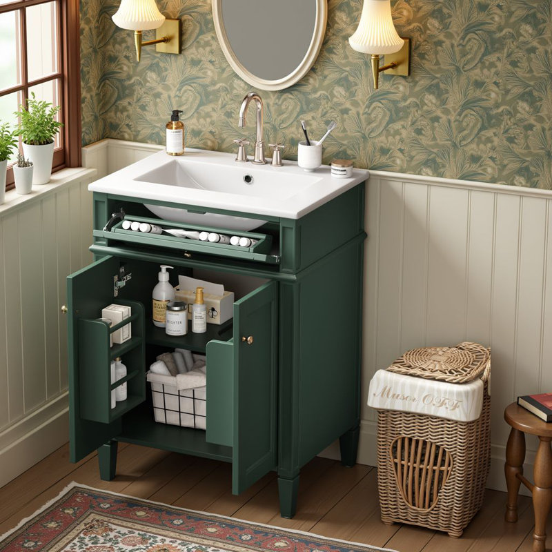 Meuble-lavabo autoportant blanc moderne 24 po avec lavabo en céramique, tiroir coulissant et 2 portes à fermeture en douceur avec rangement