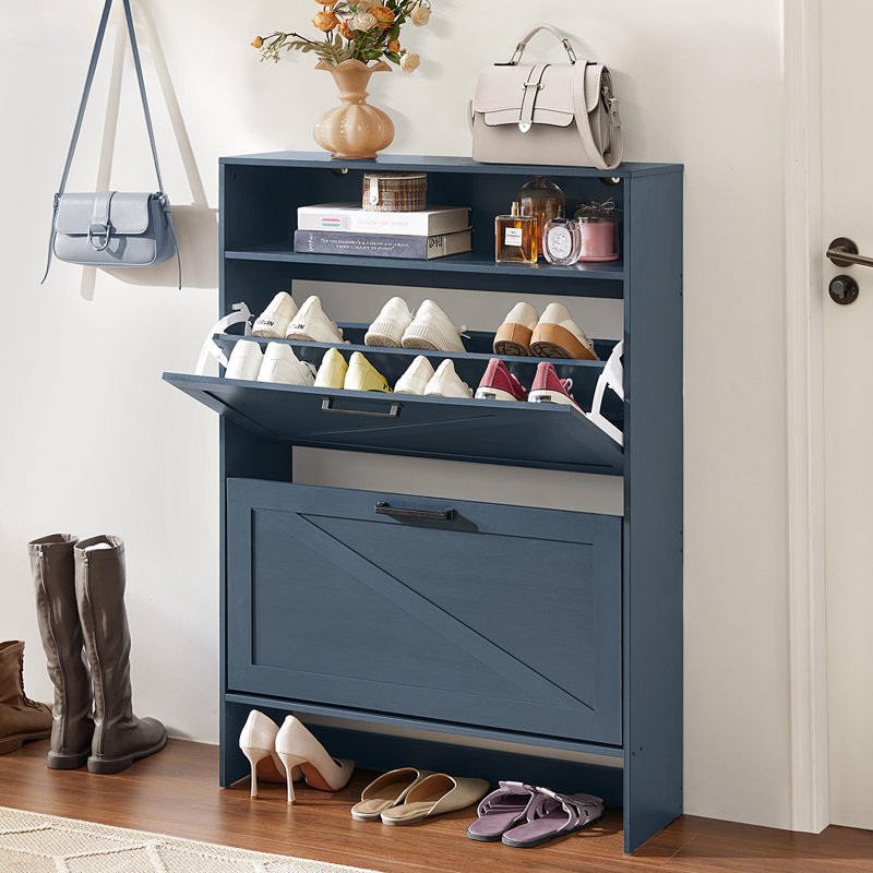 Shoe Storage Cabinet With 2 Flip Drawers,Farmhouse Narrow Shoe Organizer With Legs,Freestanding Hidden Slim Shoe Rack Cabinet With Open Storage For Entryway,Hallway, Foyer