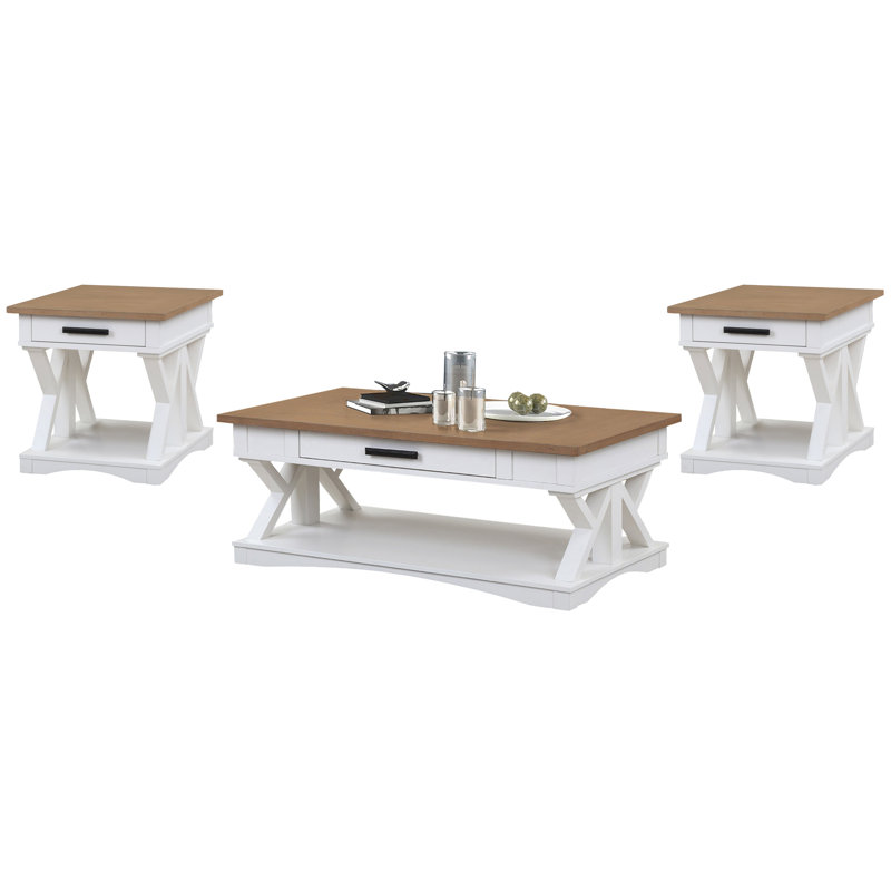 Stapleton Cocktail Table With 2 End Tables, Weathered Natural, Cotton