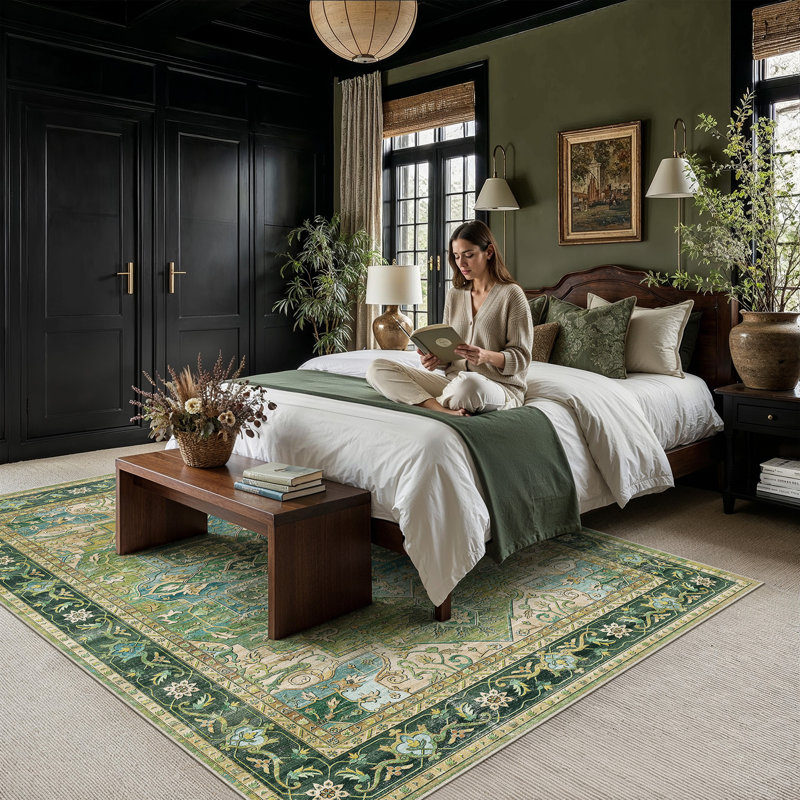 Tapis oriental lavable avec envers antidérapant Emery, Vert, Rectangle 9 pi x 12 pi