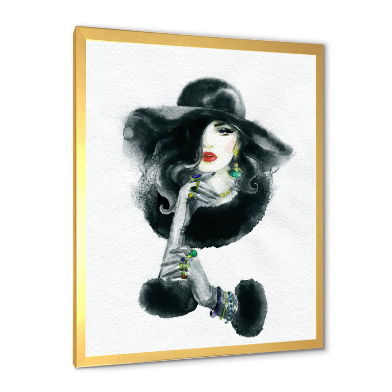 Artiste stylisée avec chapeau noir et blanc II - œuvre d'art sur toile glamour, Cadre photo doré, H 36 po x l 24 po x P 1 po