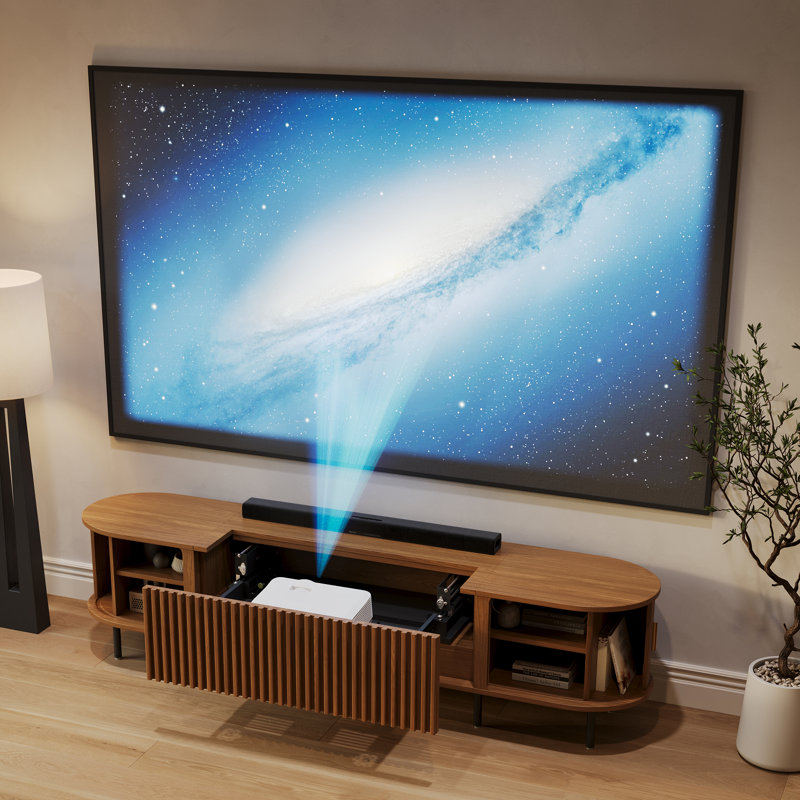 Meuble télé électrique Mid-Century avec projecteur ultra-court, H 21,3 po x L 18,3 po x l 102,3 po, Bois naturel