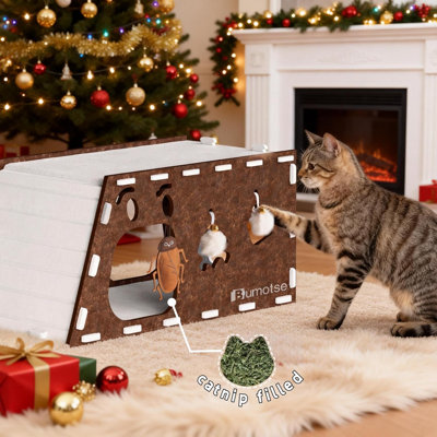 Felt Cat Cave House For Indoor Cats With Catnip Toy, Large Cat Bed Tunnel For Scratching Play, No-Tool Assemble Warm Silent Cat House For Large Cats Up To 22Lb, Durable And Washable Coffee