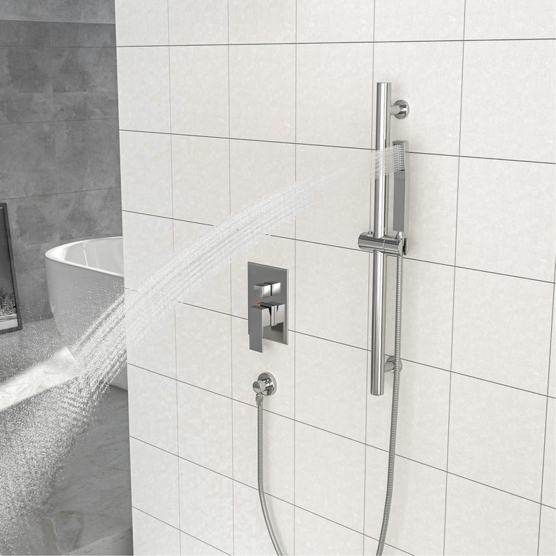 12 Inch Square Shower System In Brushed Nickel - Adjustable Slide Bar, Rainfall Head With -Balanced Valve & Handheld Aspect