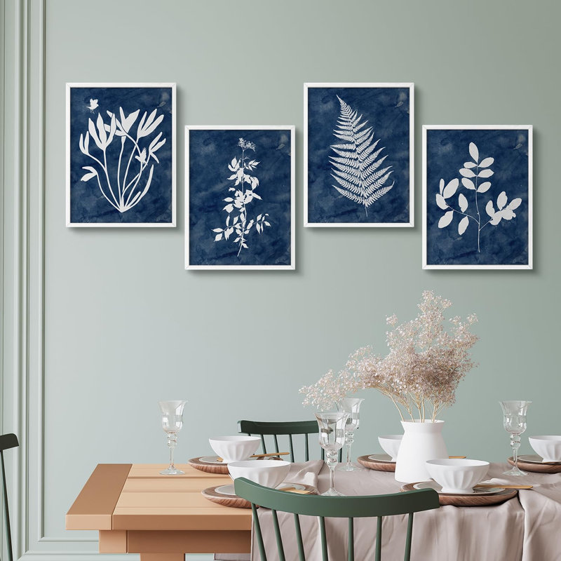 «Botanical Silhouette Blue and White Modern Artwork Minimalist Wall Art Decor», 4 pièces, Blanc, H 28 po x l 22 po