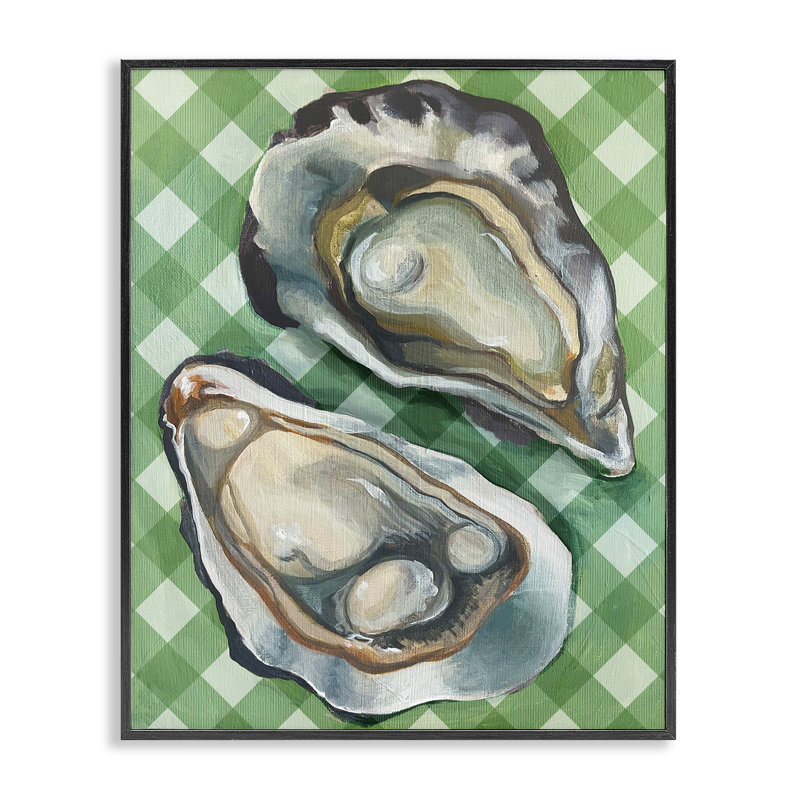  Oysters on Green Plaid Black Framed Giclee Art by Daphne Polselli, H 14 po x l 11 po, Giclée encadrée noir minuit