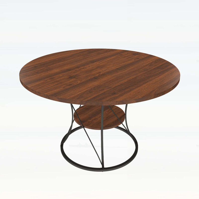 Extendable Round Dining Table with Metal Base and Storage Shelf