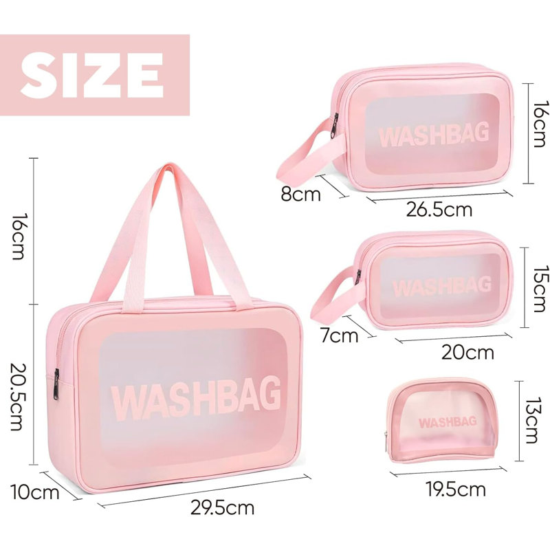 Clear Travel Toiletry Bags Set Of 4 – Waterproof PVC Makeup & Cosmetic Wash Bags With Dual Zips, Transparent Organiser Pouches For Women & Girls