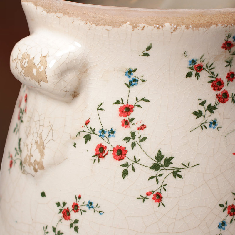 Vintage Rustic Ceramic Planter & Vase, French Country Flower Pot for Indoor Plants & Home Garden Decor, Red Floral