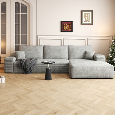 Canapé modulaire 107 po avec méridienne en L 107 po, canapé modulaire moderne avec assise profonde, canapé rembourré pour la chambre à coucher du salon, aucun assemblage requis, gris (tissu en velours côtelé moelleux)