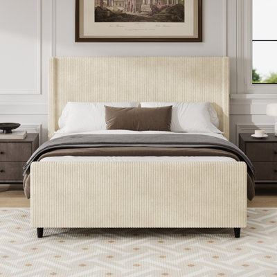 50.7'' High Headboard Corduroy Upholstered Bed Frame With Vertical Stripe Wingback And High Footboard