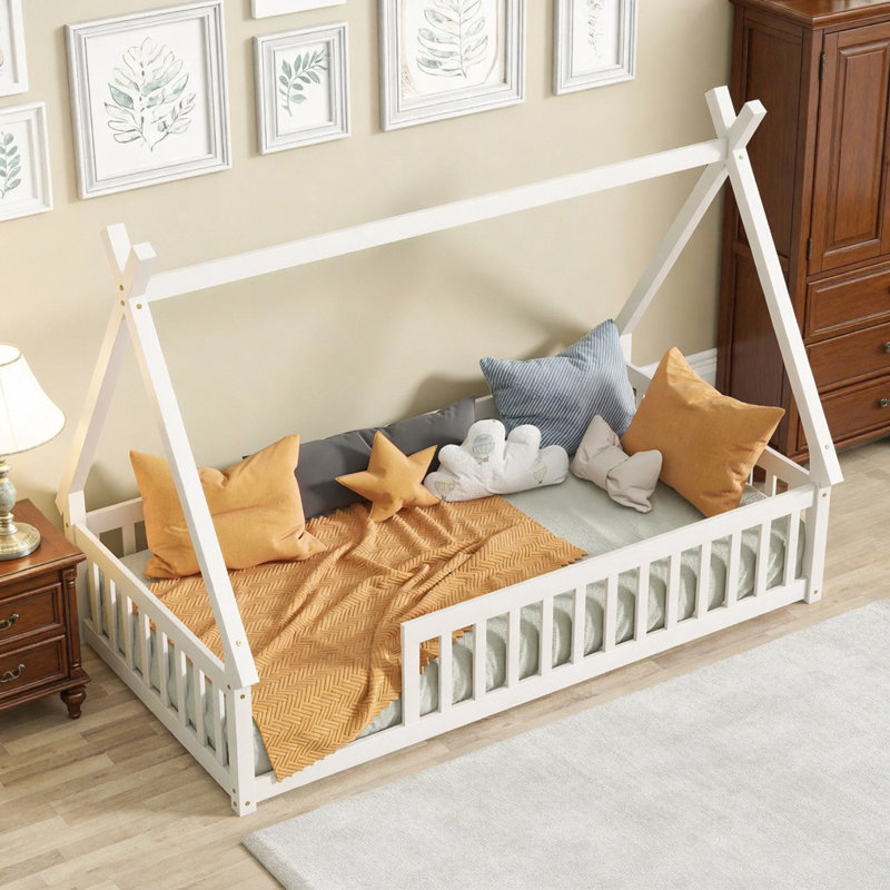 Lit simple en forme de tente avec garde-corps et lattes, Blanc