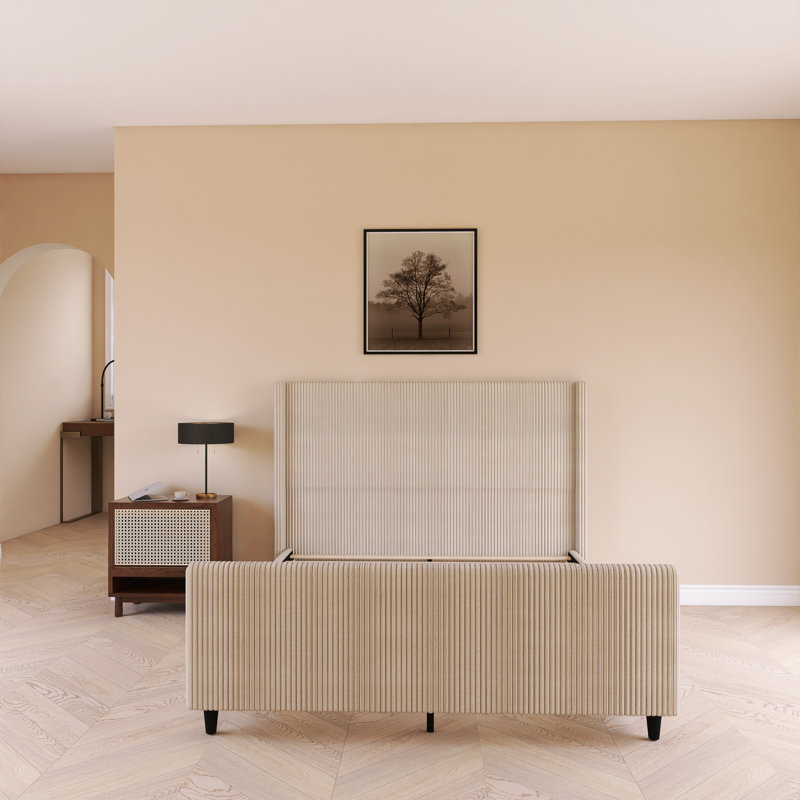 Lit tapissier haut en velours côtelé, Crème, crème, Grand