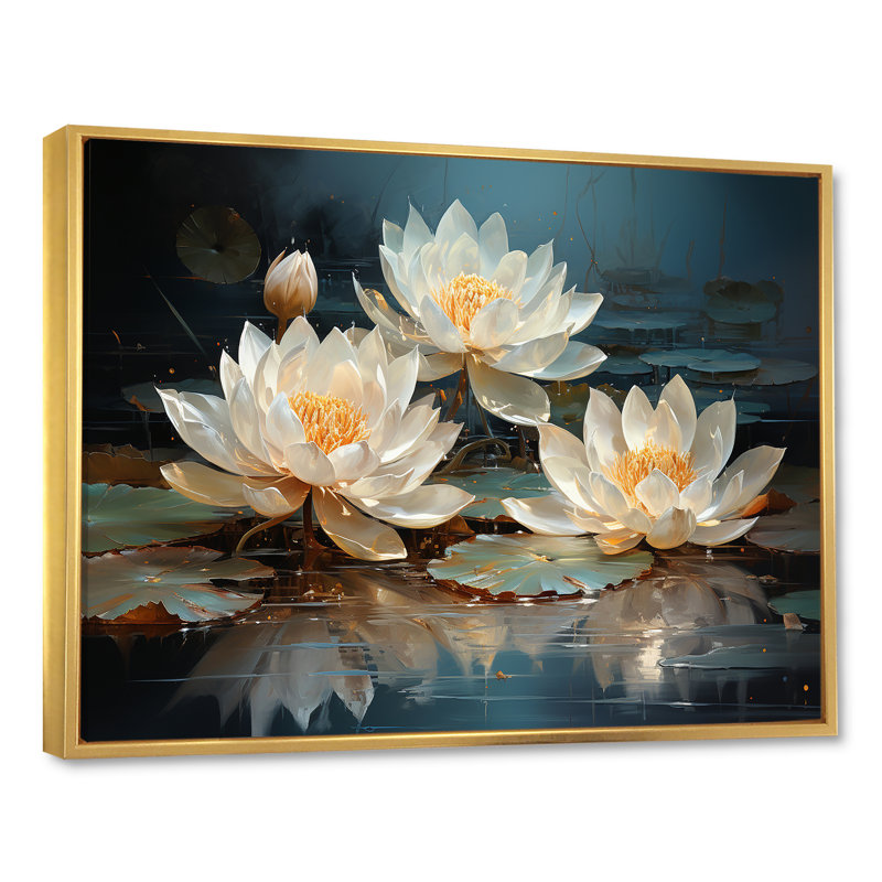 Fleurs de lotus baignées au clair de lune - Art sur toile de lotus, H 24 po x l 32 po x P 1 po, Cadre flottant doré