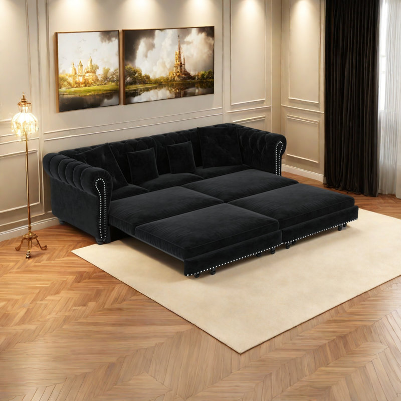 89 " W 3-In-1 Pull-Out Sofa Bed, Convertible Sleeper Sofa Bed,King Size Sofa Bed, Chaise Lounge,Velvet 3-Seater Sofa With Movable Ottoman, Tufted Design