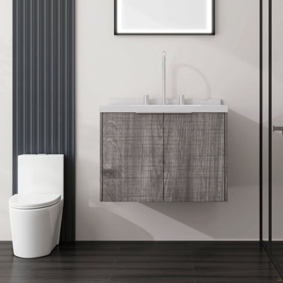24 Inch Floating Bathroom Vanity with Sink, Soft-Close Door, 2-IN Carrara White Cultured Marble Countertop Top & Backsplash,Plywood, Grey