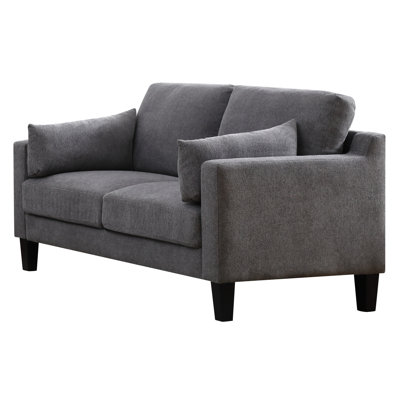 Sherree 61" Grey Linen 2-Seater Oak Frame with 2 Throw Pillows