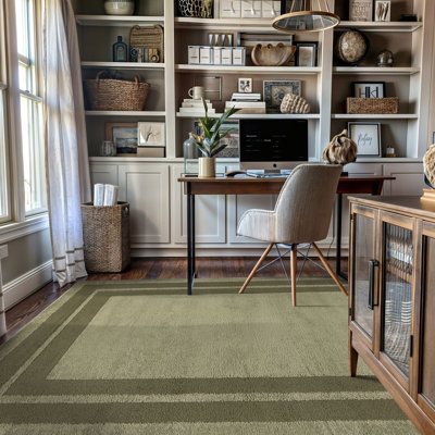 Solid Framed Border Sage Green Power Loomed Soft Shag High-Low Indoor Area Rug