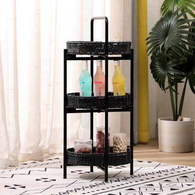 3, ovale, tissé à la main, table d'appoint, chambre à coucher, salon, plateau tissé amovible, rangement facile et utilisation sur le pouce, structure en métal robuste, rangement portatif noir, balcon, conception, panier à cadre