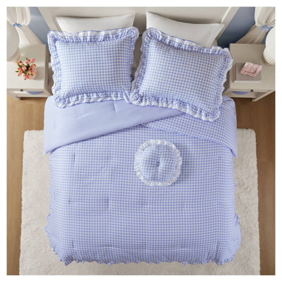 4-Piece Pink Gingham Full/Queen Comforter Set with Double Ruffle Design - Soft Microfiber Bedding