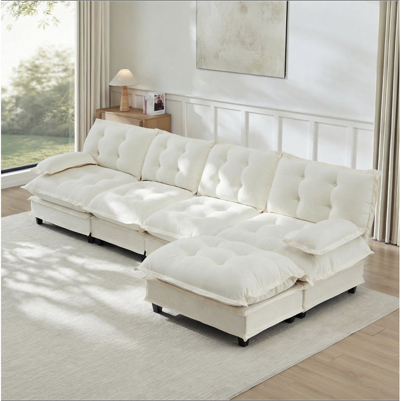 Canapé modulaire modulaire en forme de L de 138 po en forme de L avec repose-pieds 4 places, canapé en chenille profonde avec coussin en treillis confortable, chambre et appartement