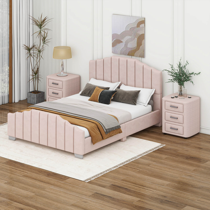Ensemble de meubles de chambre à coucher en bois 3 pièces Modern, Grand, Rose