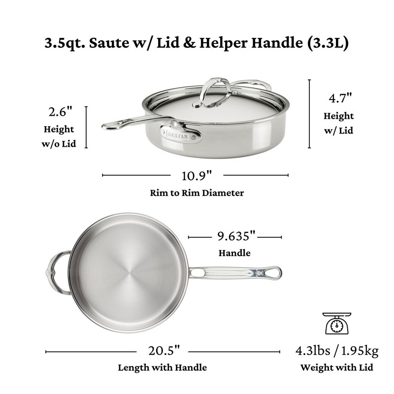 Ensemble de 5 poêles en acier inoxydable plaqué professionnel de 5 pièces de 5 pièces Proond® (poêle de 8,5 po, casseroles de 3 pte et saut de 3,5 pte)