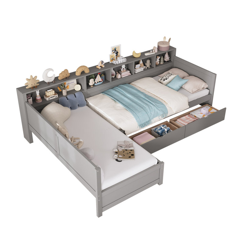 Lits simples peu encombrants avec rangement en bois, conception d'angle moderne et confortable, gris